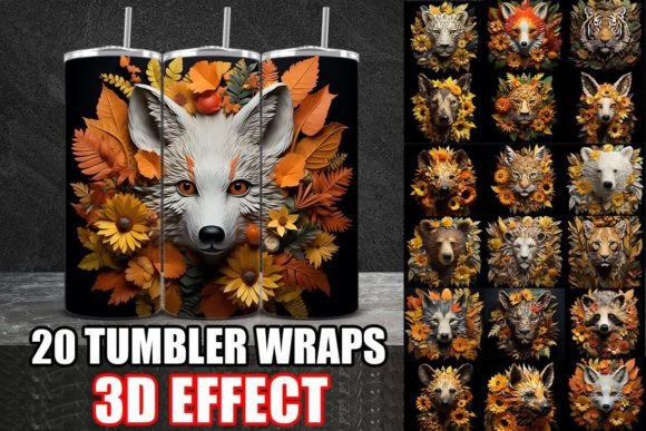 3D Fall Flower & Wild Animals Tumbler Wrap Bundle