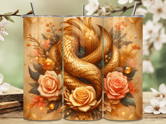 3D Golden Floral Rose Skinny Tumbler PNG Design