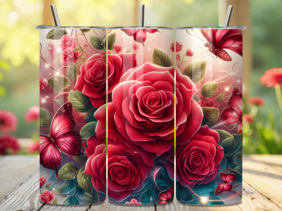 3D Red Rose Floral Butterfly Tumbler Wrap Design
