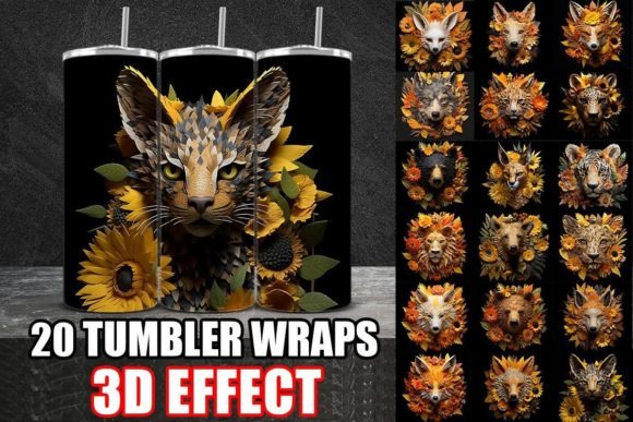 3D Sunflower Wild Animals Tumbler Wrap Bundle